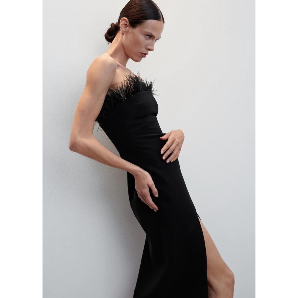 NWT Mango Black Feather Dress Midi- size 2 - Picture 3 of 9